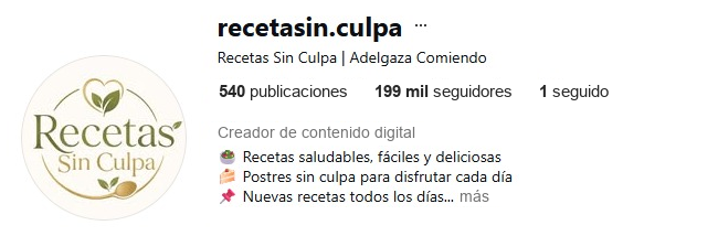 Perfil de Instagram de @recetasin.culpa: 540 publicaciones y 199 mil seguidores