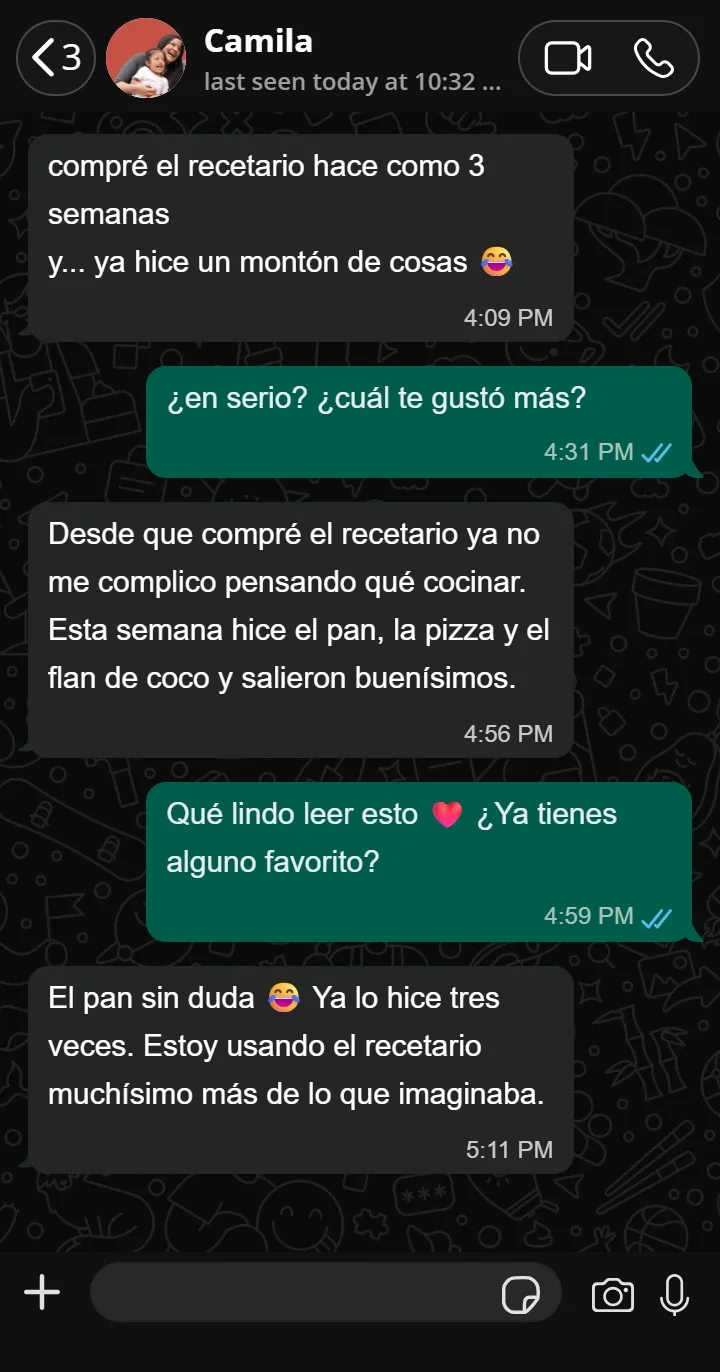 Mensaje de Camila sobre el recetario